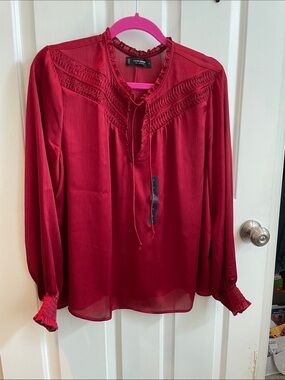 Lucky Brand Long-Sleeve Silky Tie Neck Blouse in Deep Red. Size L